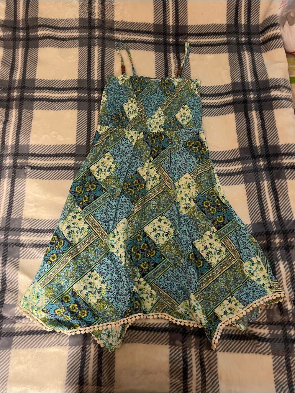 Blue Green Patchwork Print Floral Sun Dress with wood beads on straps Y2K